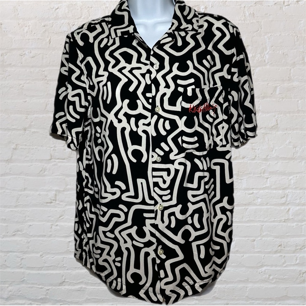 H&M/Keith Haring Collab Black & White Dancing Hombre All Over Print Button Down